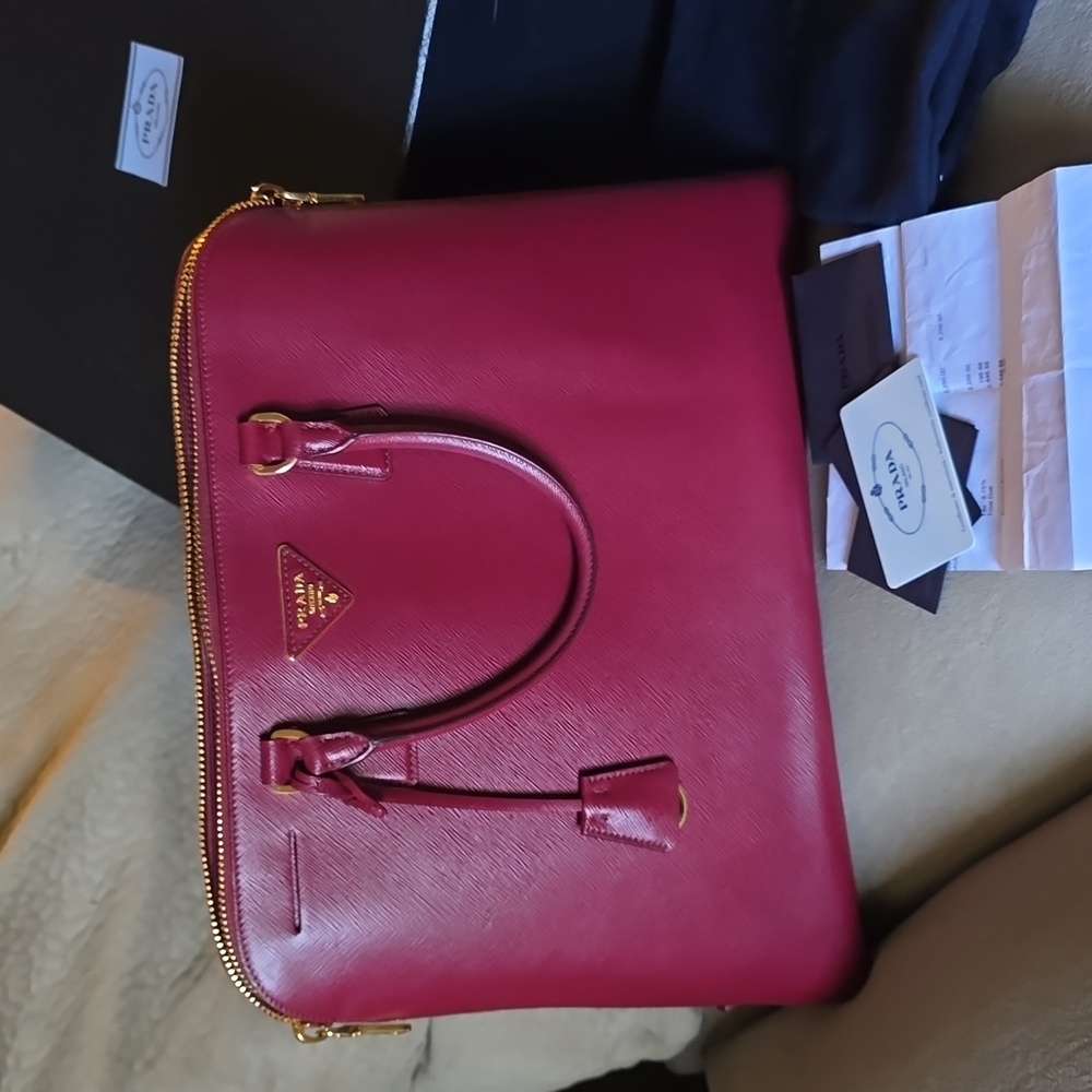 Prada Saffiano Raspberry Double Handle Purse With… - image 2
